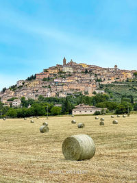 Hay bales on field against sky