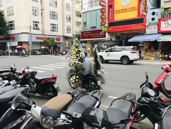 View of bicycles on city street