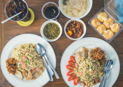 Directly above shot of meal served on table