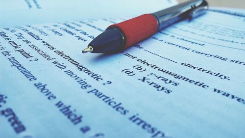 High angle view of text on book