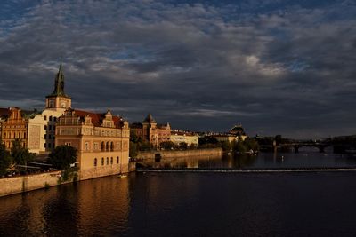 Buildings at waterfront against cloudy sky