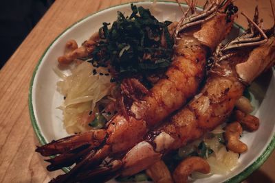 Close-up of seafood in plate on table