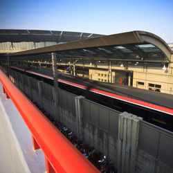 Train at railroad station in city