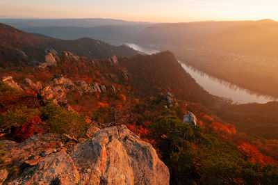 Scenic view of mountains against sky during sunset