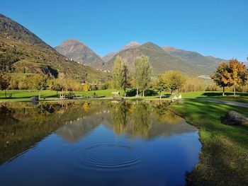 Scenic view of lake against clear blue sky