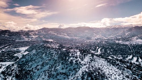 Aerial view of snowcapped mountains against sky