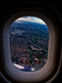 View of cityscape from airplane window