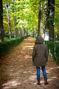 Rear view of woman walking on footpath in forest