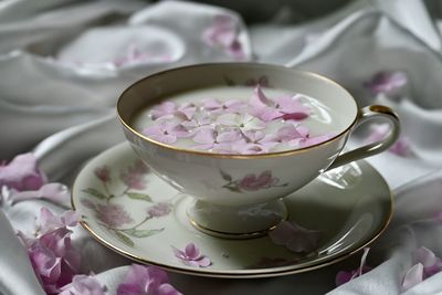 High angle view of tea served on table