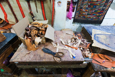 High angle view of messy for sale at market stall