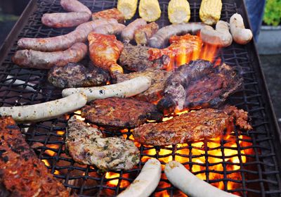 Close-up of meat grilling on barbecue