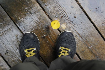 Low section / shoes of person standing on wooden floor