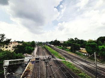 High angle view of railroad tracks against sky