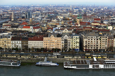 Aerial panorama on danube river boat and hungarian houses, budapest