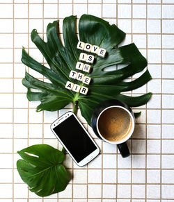 High angle view of coffee cup on table