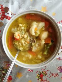 High angle view of soup in bowl