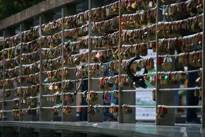 Close-up of padlocks hanging in row