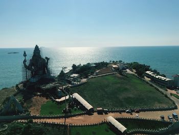 High angle view of buildings against sea