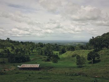 Trees on countryside landscape against cloudy sky