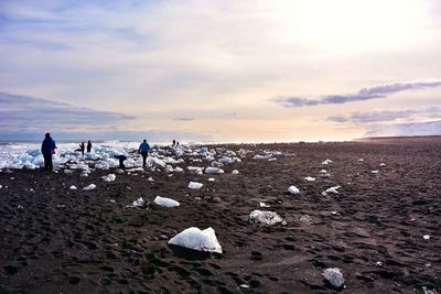 People walking amidst ice at beach