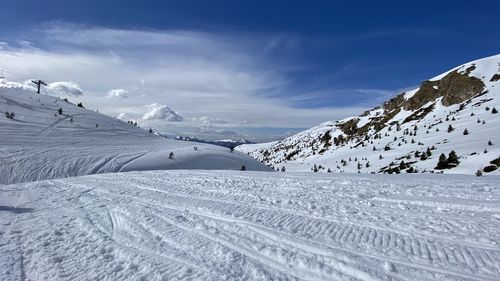 Scenic view of snow covered mountains against sky