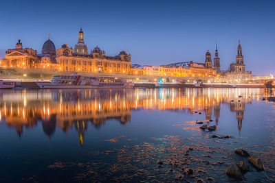 Reflection of illuminated buildings in lake