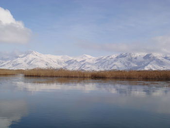 Scenic view of snowcapped mountains against sky