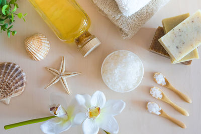 Close-up of spa equipment on table