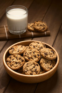High angle view of cookies in glass on table