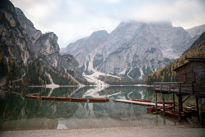 Scenic view of lake against cloudy sky