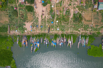 High angle view of boats in calm lake