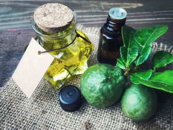 High angle view of green fruits on table