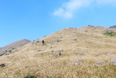 Low angle view of mountain against blue sky