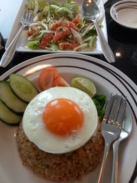 High angle view of breakfast served on table