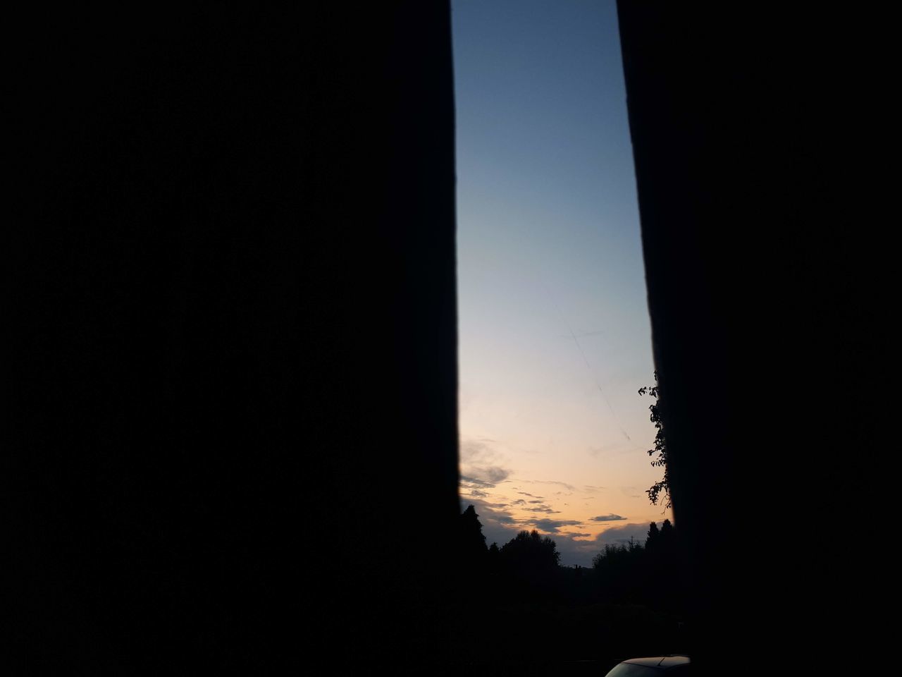 SILHOUETTE TREES AND BUILDINGS AGAINST CLEAR SKY