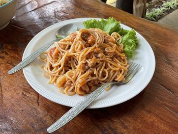 High angle view of noodles served in plate on table