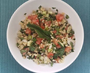 High angle view of meal served on table