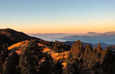 Scenic view of landscape against clear sky during sunset