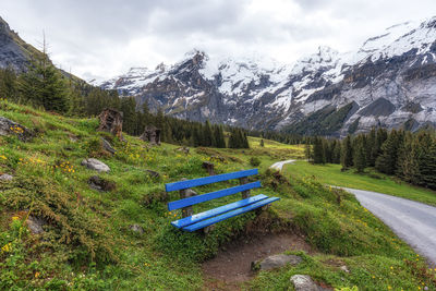 Various bernese alps mountain views along oeschinensee lake hiking path. 