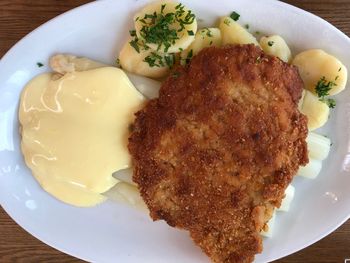 High angle view of breakfast served in plate