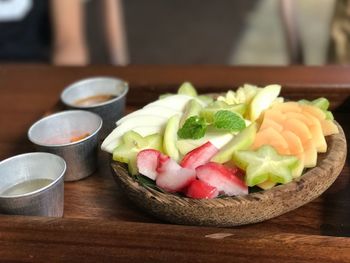 Close-up of breakfast served on table