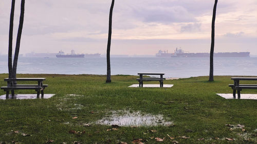 Ocean going vessels are seen off singapore after rain in a park.