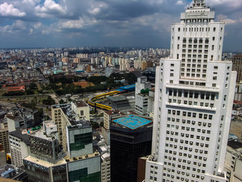 High angle view of buildings in city against sky