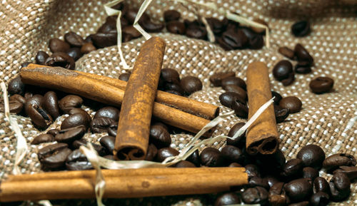 High angle view of roasted coffee beans on table