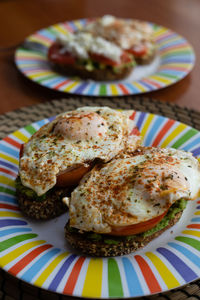 High angle view of breakfast served on table