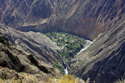 High angle view of landscape and mountains