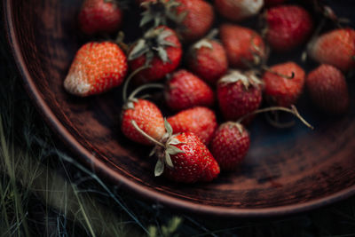 High angle view of strawberries in basket