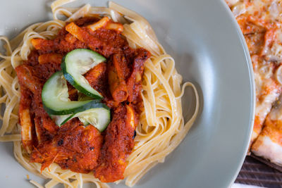 High angle view of food in plate on table