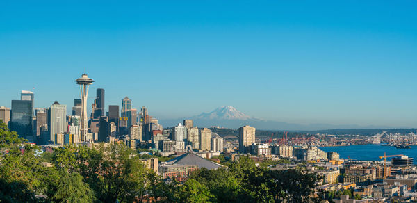 Cityscape against clear blue sky