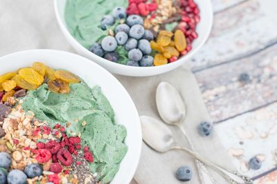 High angle view of breakfast in bowls on table